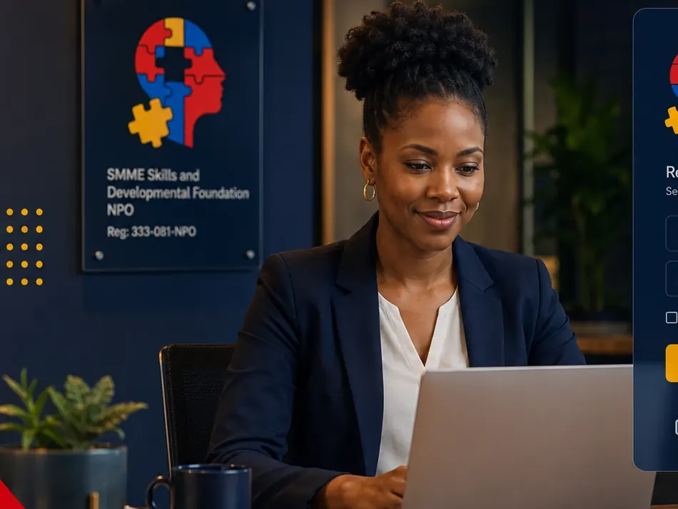 Entrepreneur accessing SMME Skills support material in a branded workspace